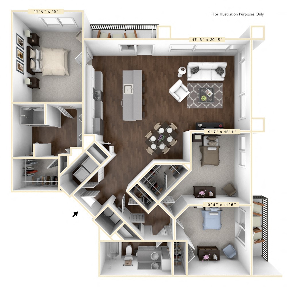 Floor plan for 3 beds, 2 baths, 1528 sqft
